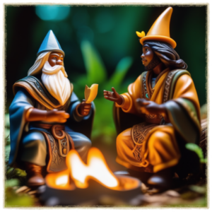 miniature scene of two black male wizards sitting by a campfire