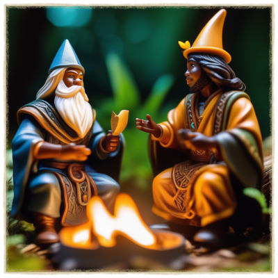 miniature scene of two black male wizards sitting by a campfire